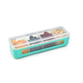 Teal snack container with compartments filled with various snacks on a white background