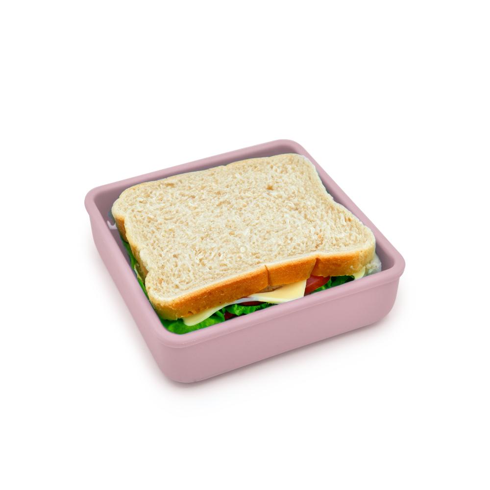 Sandwich in a pink container on a white background