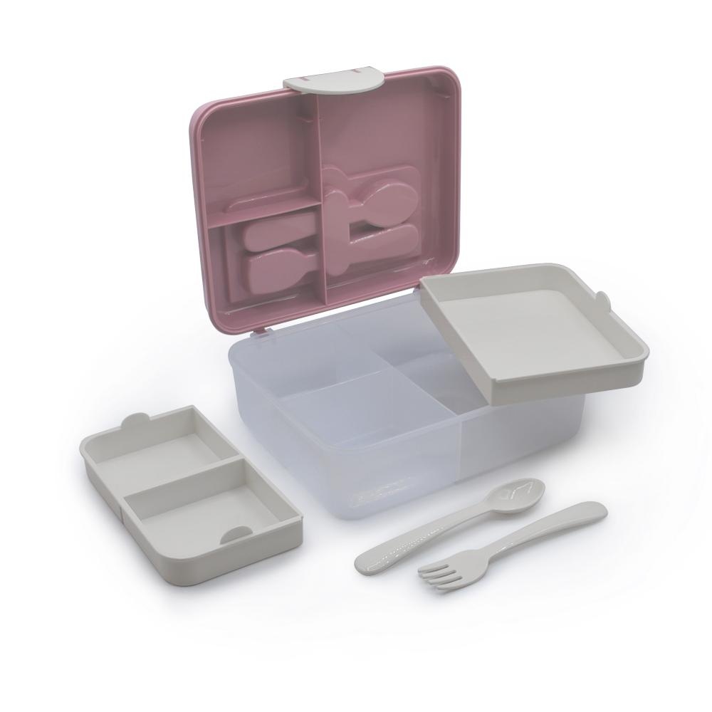 Children's lunchbox with compartments and utensils on a white background