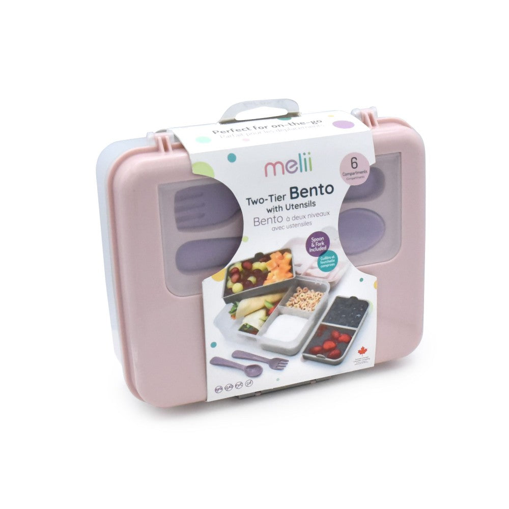 Melii 2-layer Pink bento box with utensils packaging on a white background