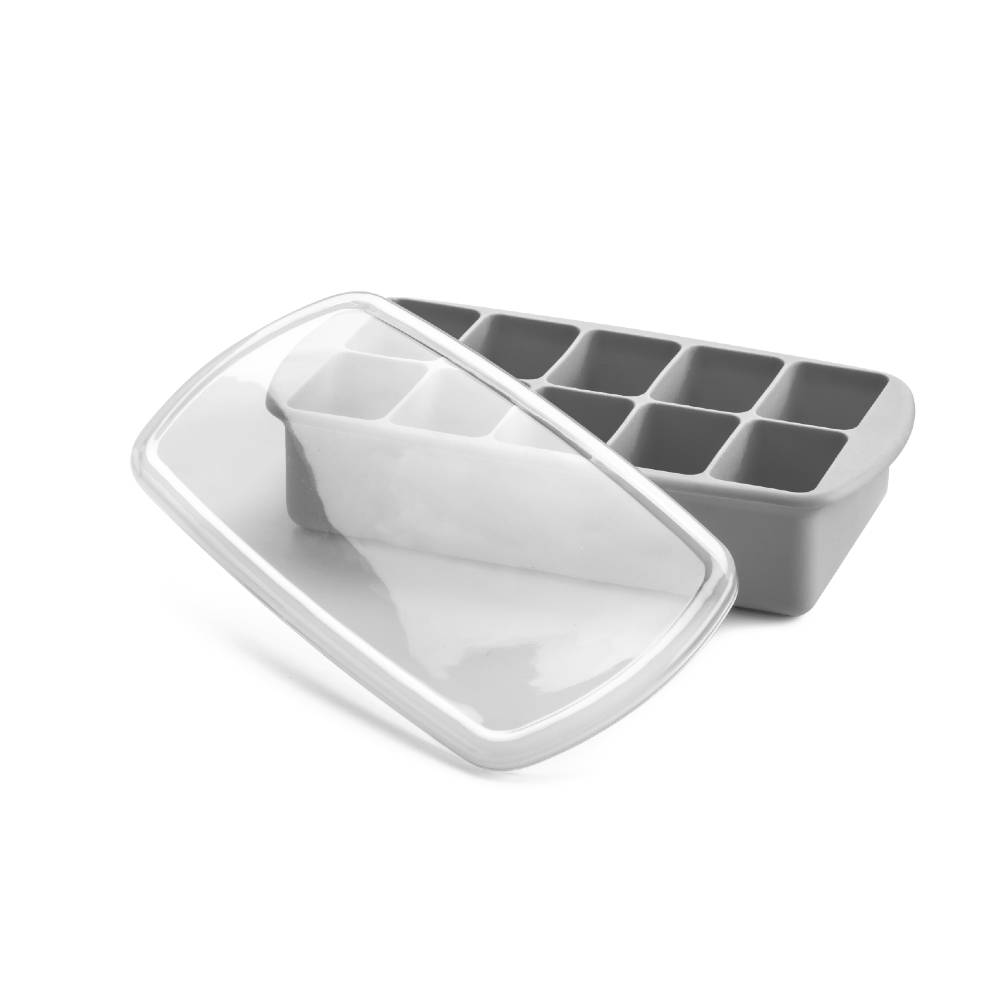 Gray silicone baby food freezer tray with a white container on a white background