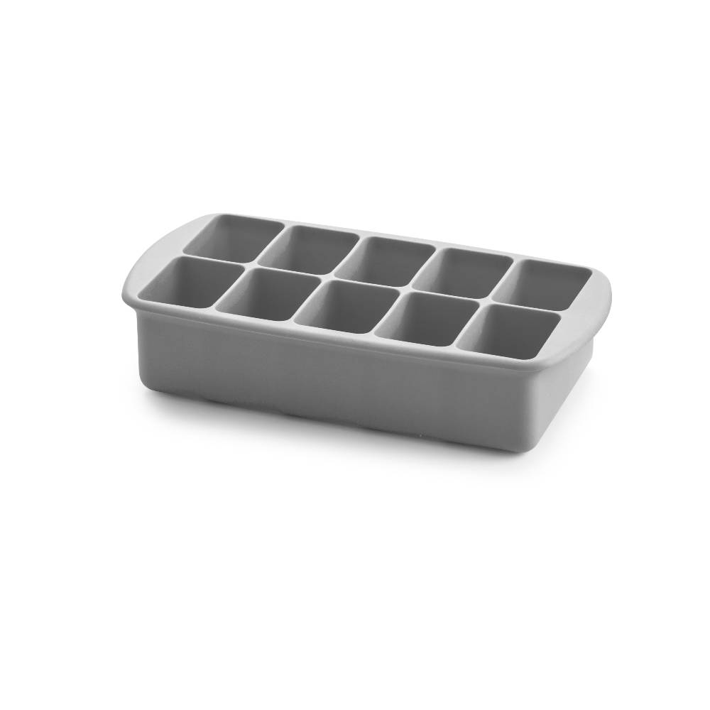 Gray silicone baby food freezer tray with a white container on a white background