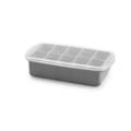 Gray silicone baby food freezer tray with a white container on a white 