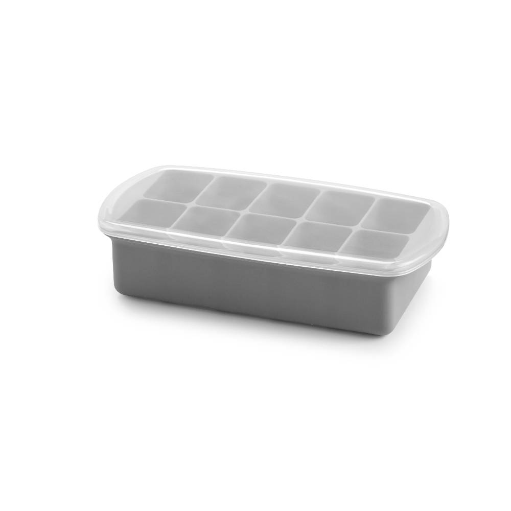 Gray silicone baby food freezer tray with a white container on a white 
