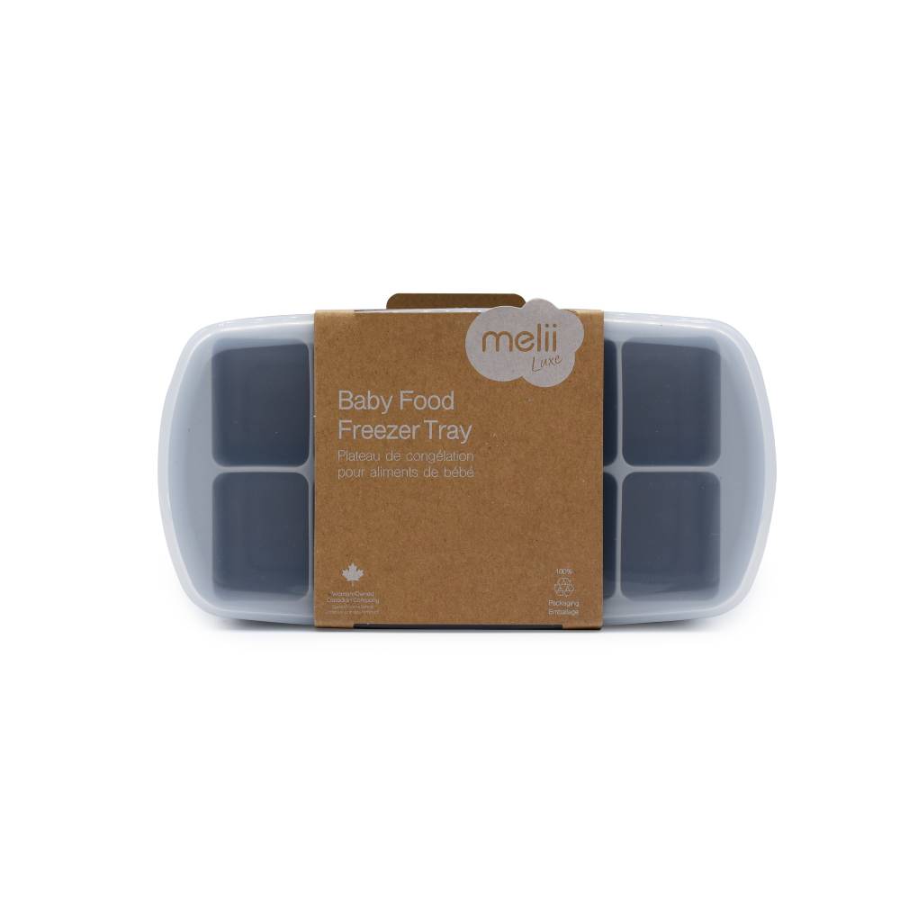 Baby food freezer tray with clear lid and brown packaging on a white background