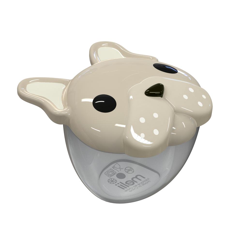 Dog-shaped food container with a clear base on a white background