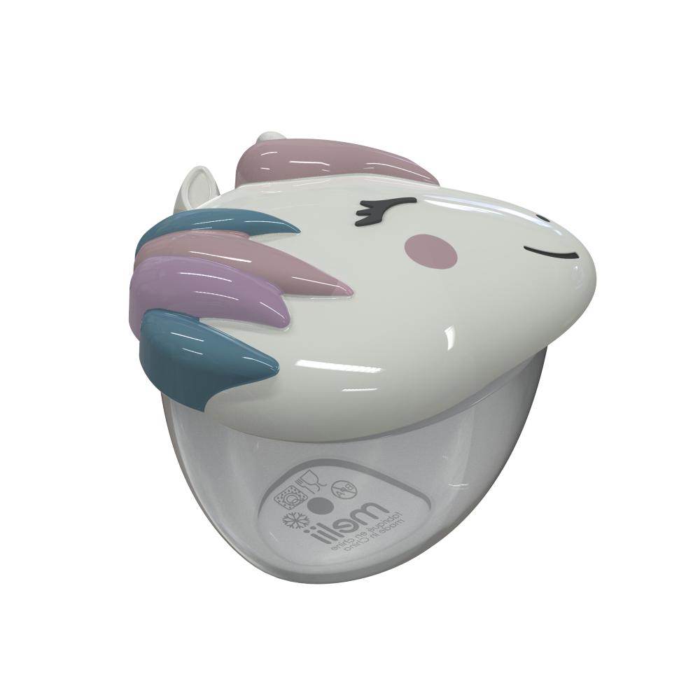 Unicorn-shaped white snack pot with colorful mane on a white background