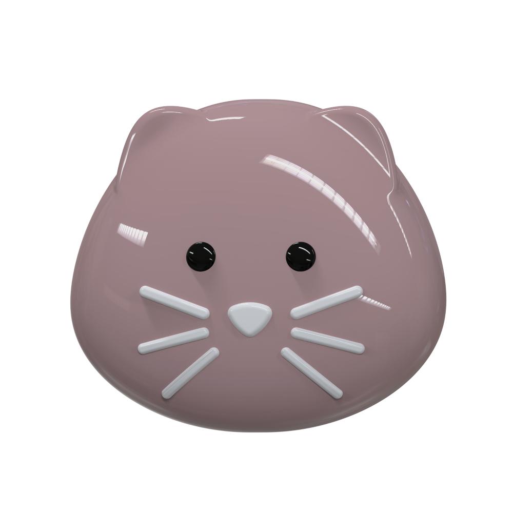 Pink cat-shaped snack pot with black eyes and white whiskers on a white background