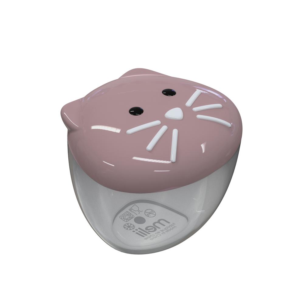 Cat-shaped food container with pink lid on a white background