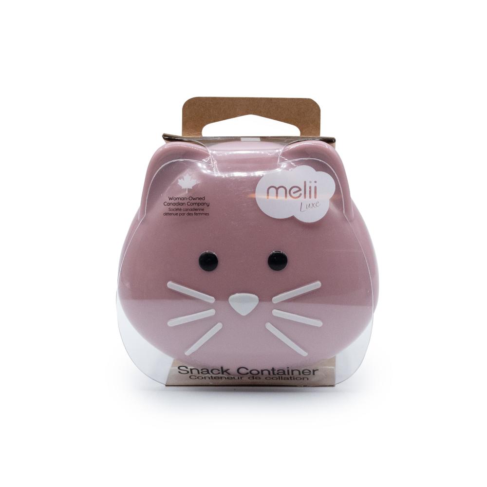 Pink cat-shaped snack container with 'meli' branding on a white background