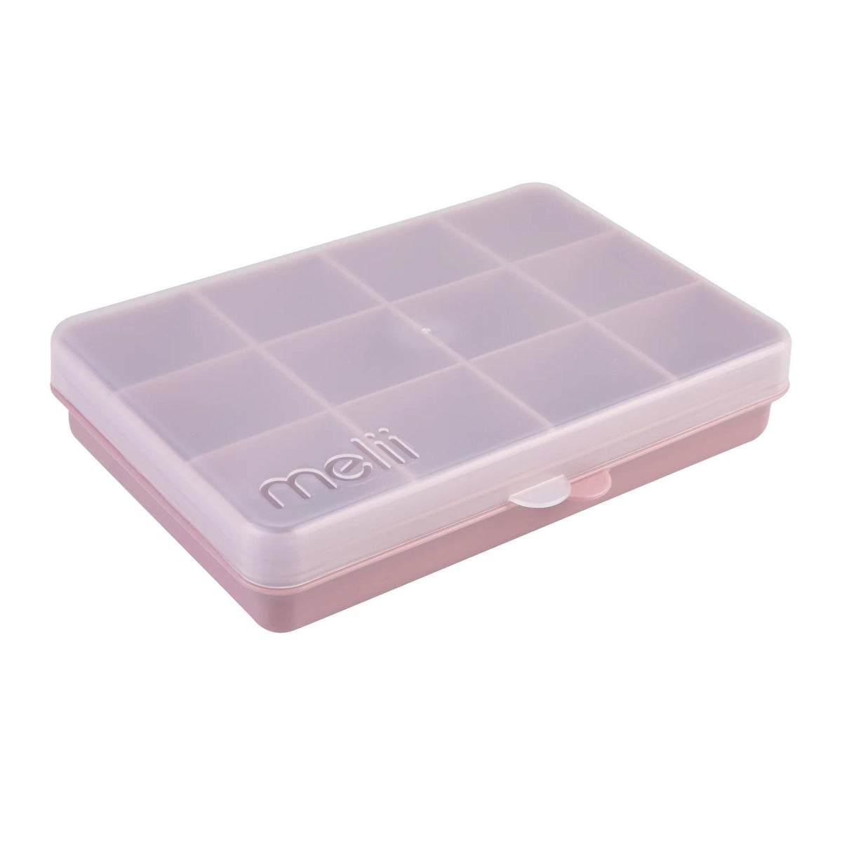 Pink and clear plastic compartmentalized box with 'melli' branding on a white background