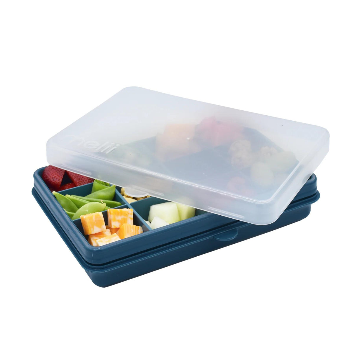 Blue bento box with compartments filled with fruits and vegetables on a white background