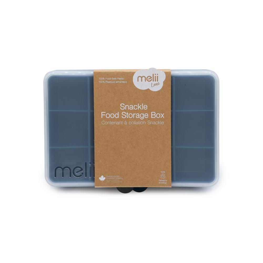 Blue Melii Snackle snack storage box with a cardboard label on a white background