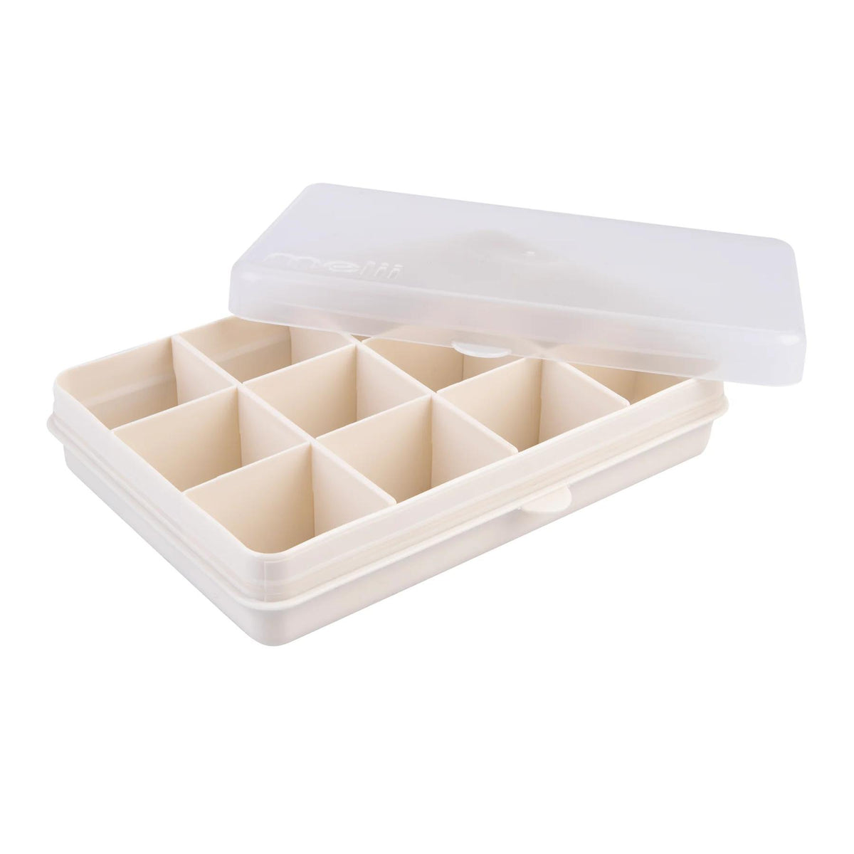 Beige snackle snack box with compartments on a white background