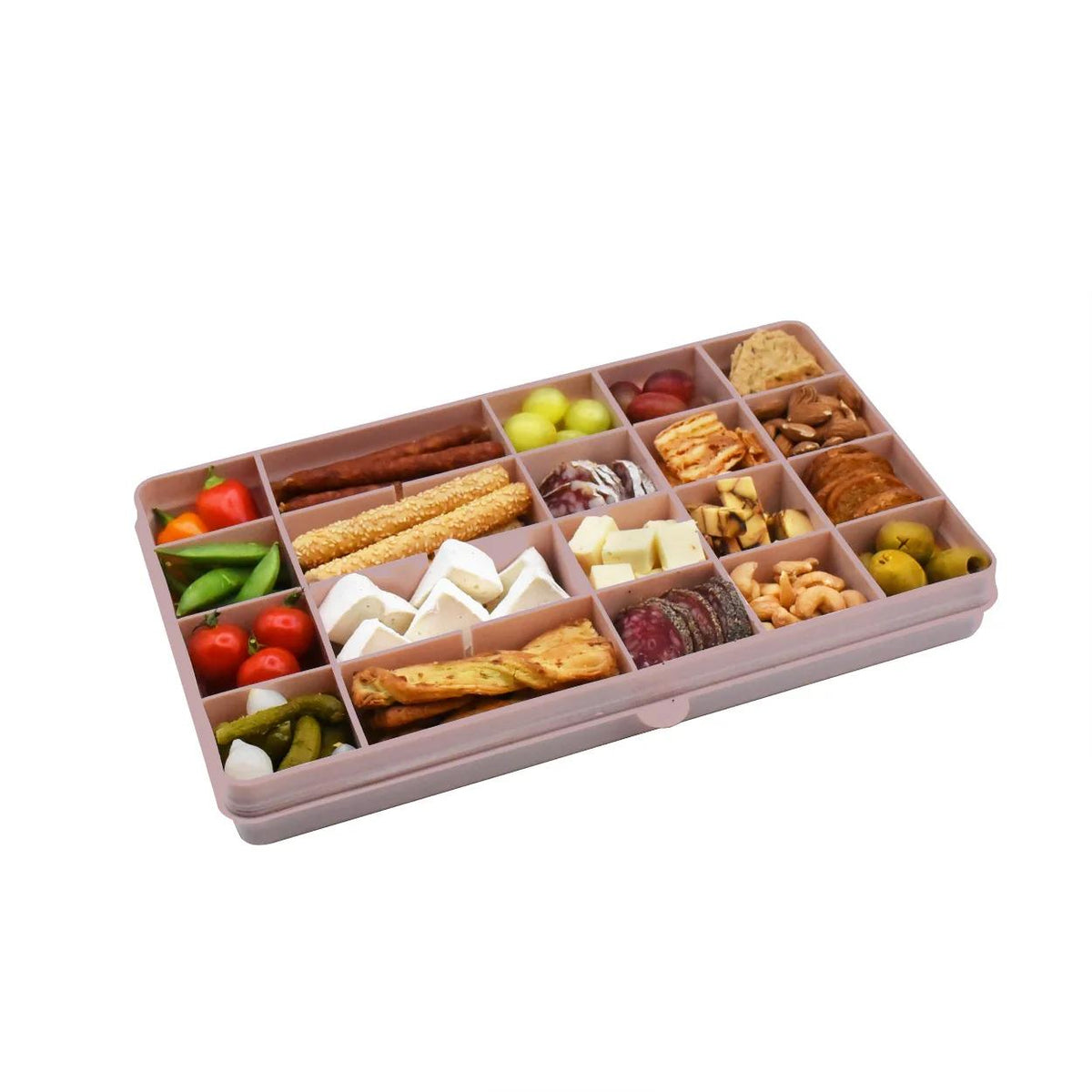 Rectangular pink tray with compartments filled with various snacks on a white background