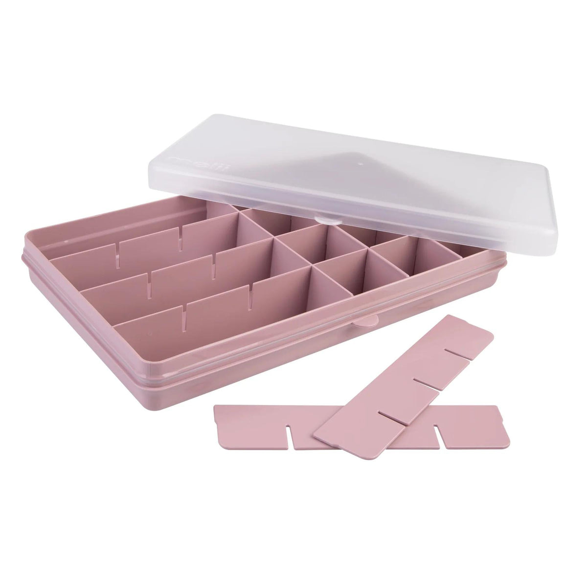 Pink extra large lux food snack box with removeable compartments and a white lid on a white background