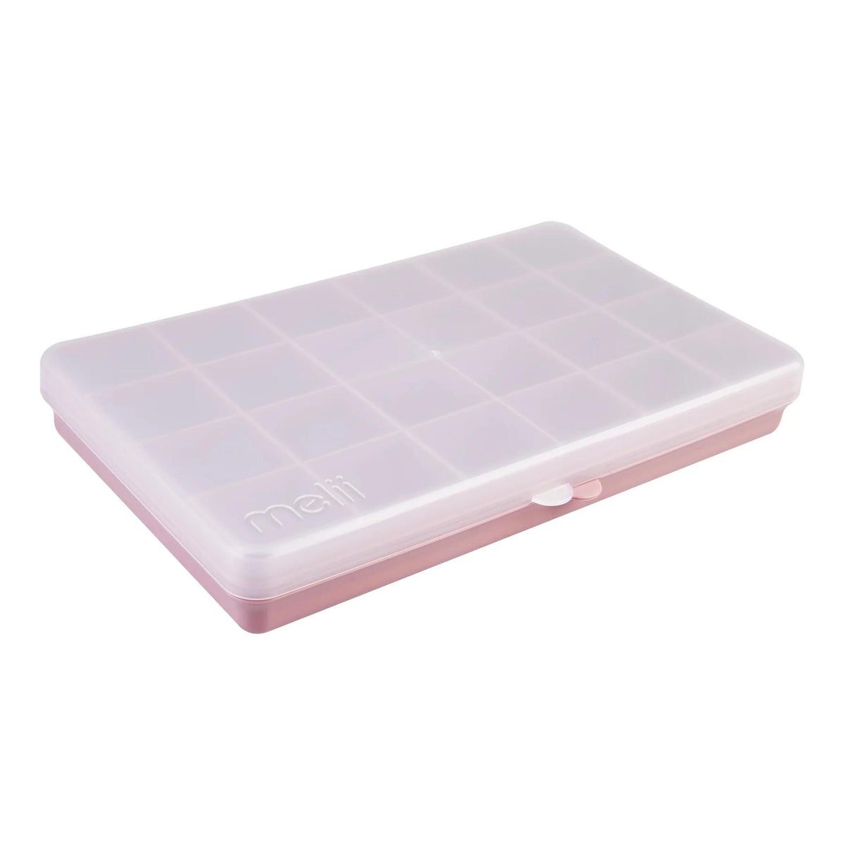 Pink and clear plastic case with 'meli' branding on a white background