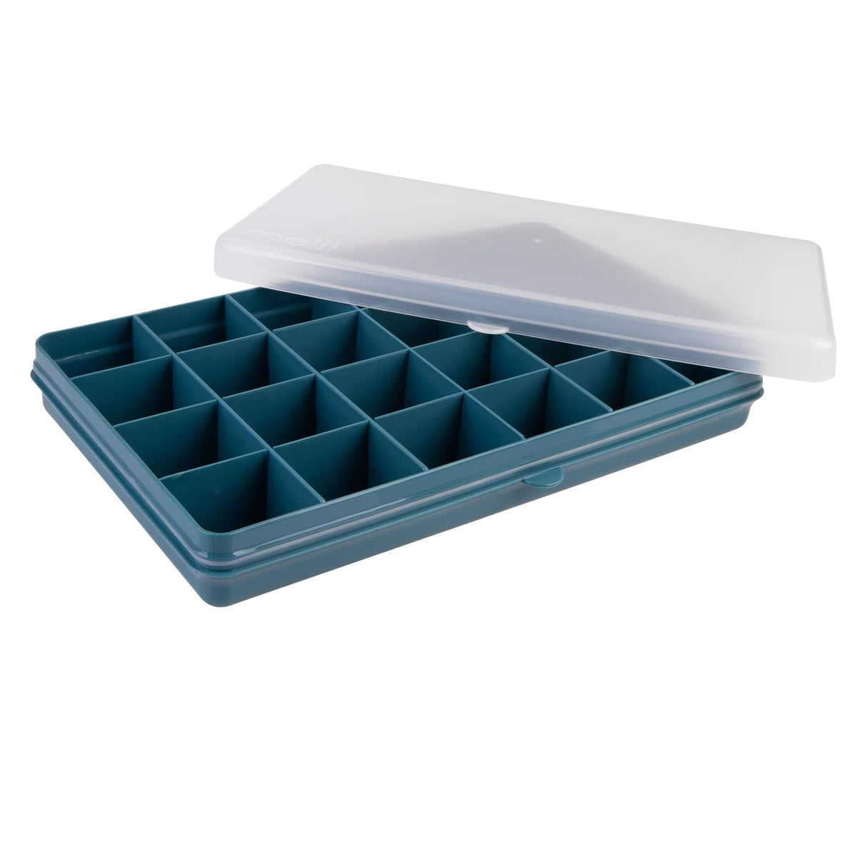 Blue extra large snack boxwith a clear lid on a white background