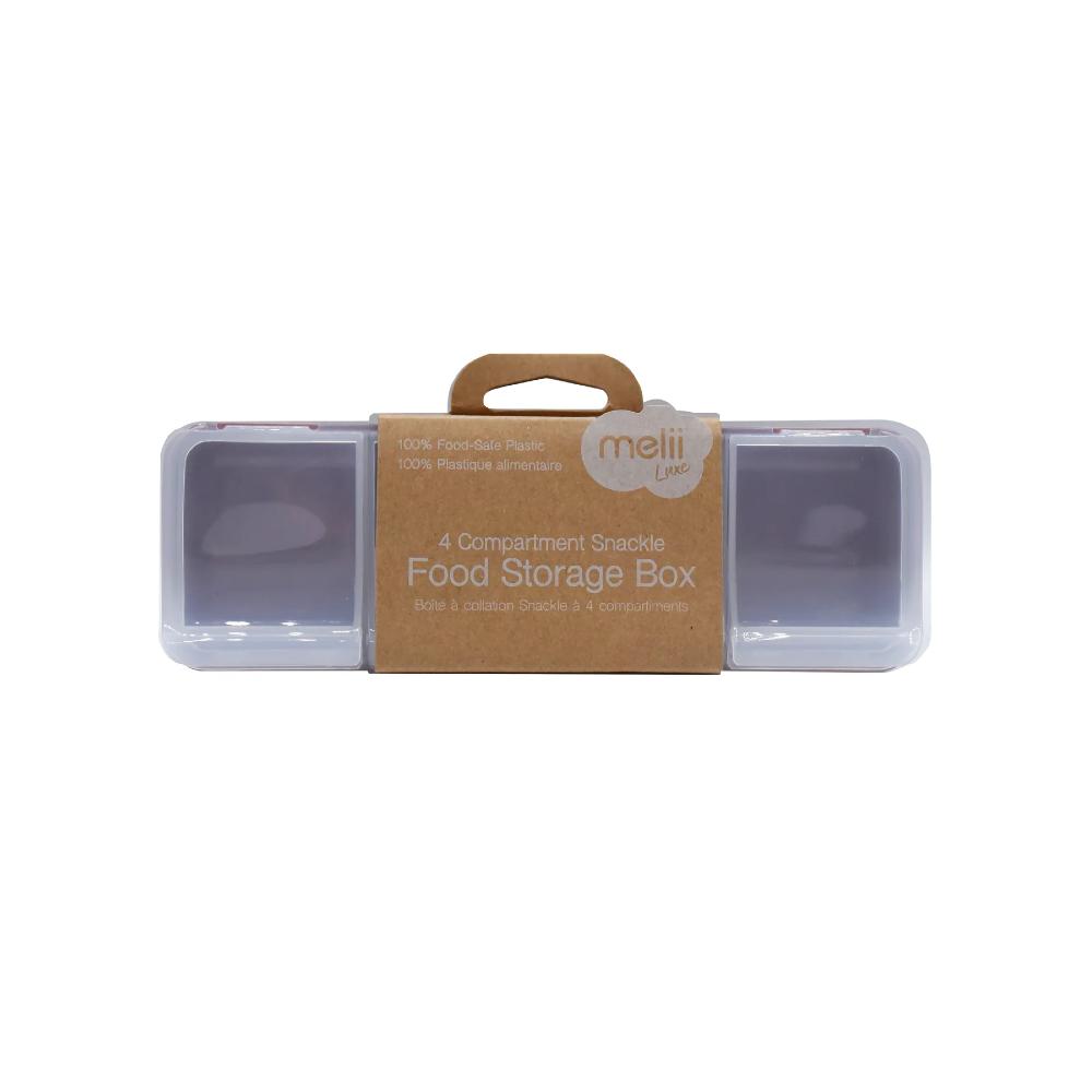 Melii 4-compartment snackable food storage box with a cardboard handle on a white background