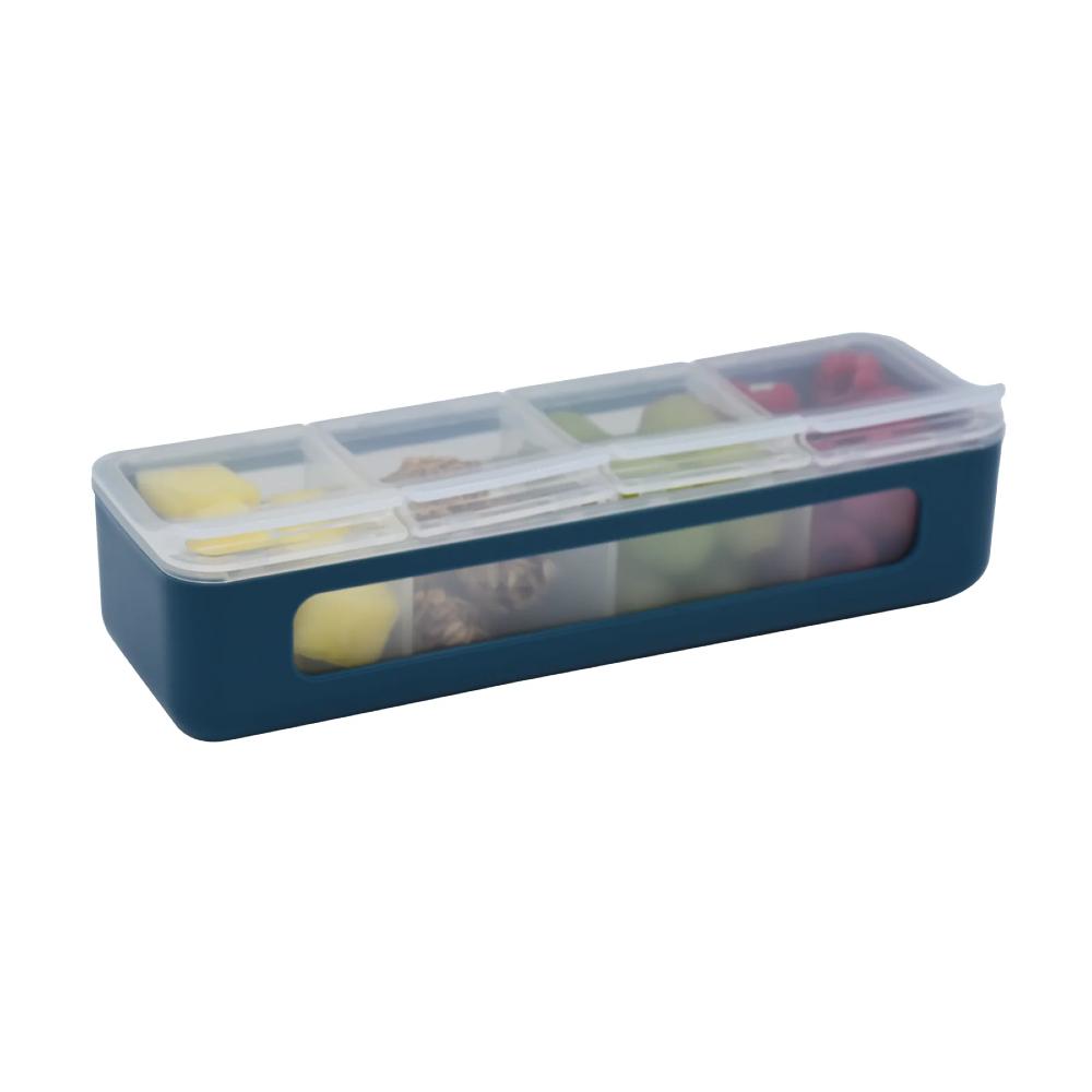 Rectangular container with compartments filled with various items on a white background