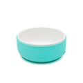 A ceramic bowl with a blue silicone sleeve, on a white background. 