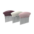 Three stainless seteel food slicers with different colored handles on a white background