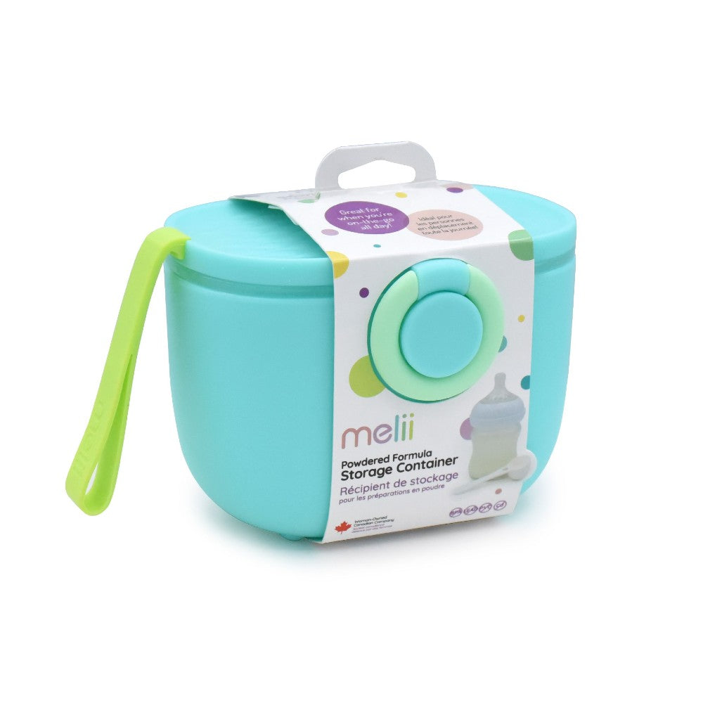 Teal and green powdered formula storage container with packaging on a white background