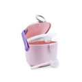 Pink and purple forumal powder container with a white lid on a white background