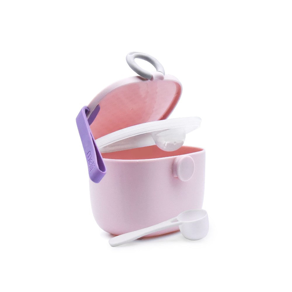 Pink and purple forumal powder container with a white lid on a white background