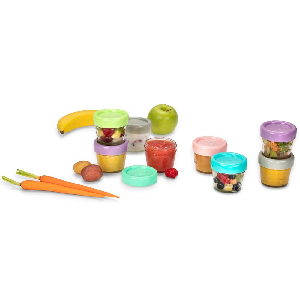 Set of colorful food containers with snacks on a white background