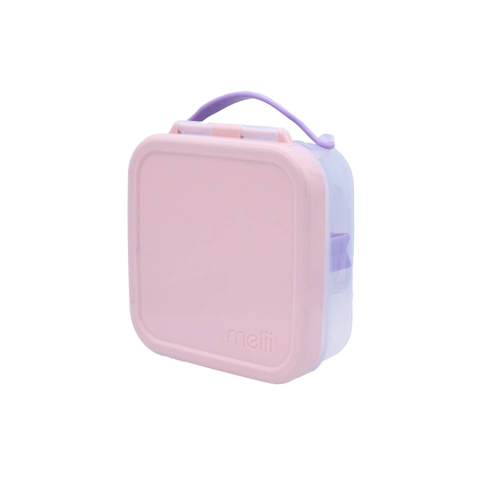Pink and purple lunch box with a handle on a white background