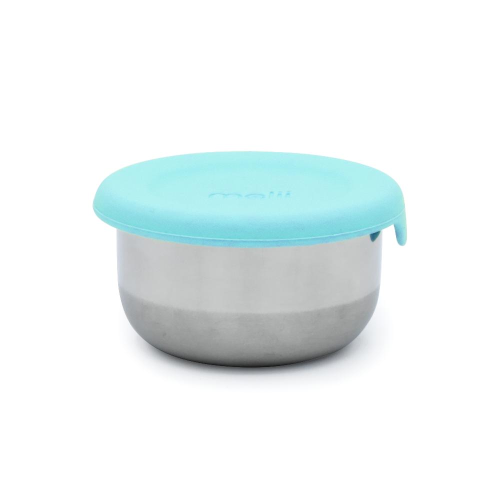 Gray stainless container with a turquoise lid on a white background