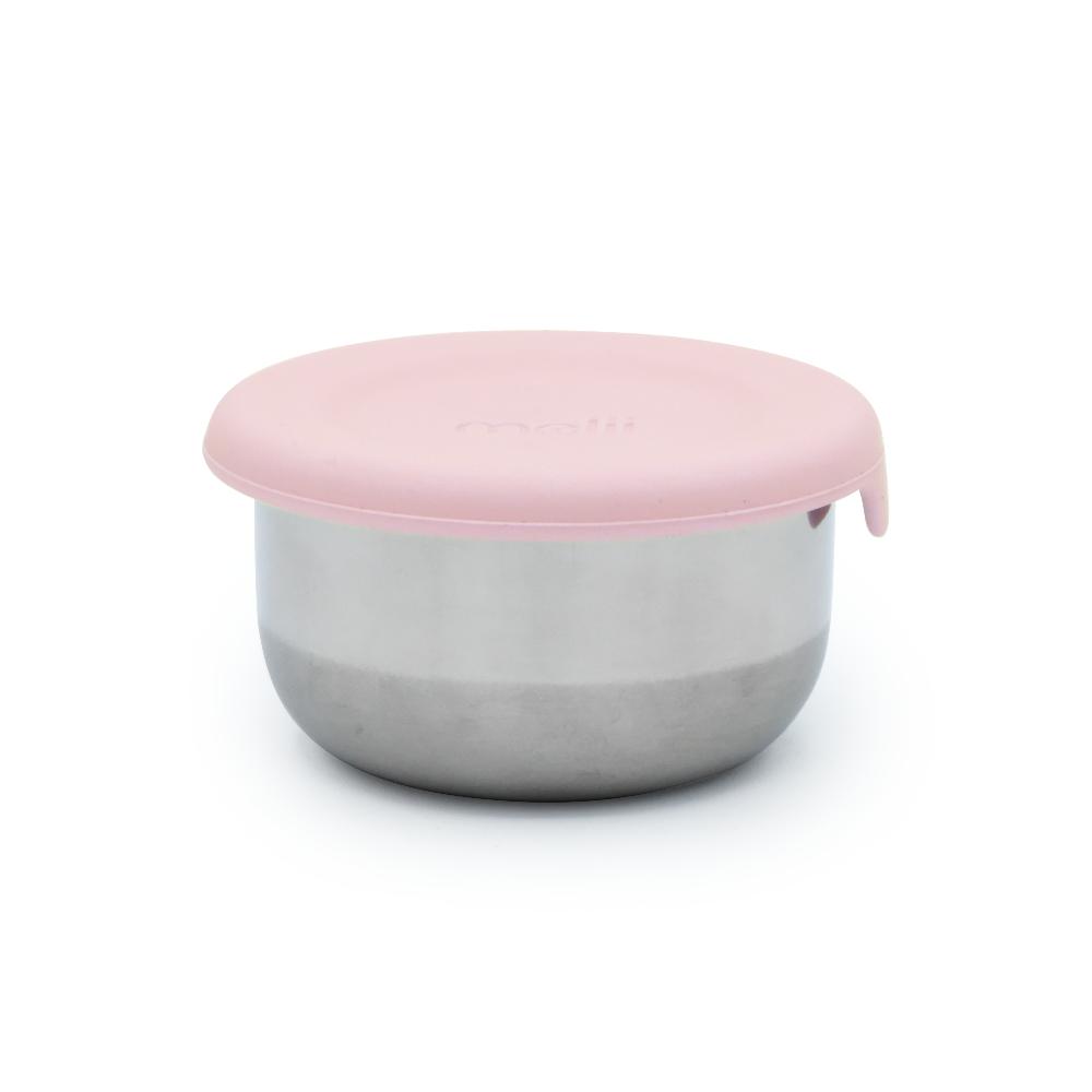 Stainless steel snack or dip container with a pink lid on a white background