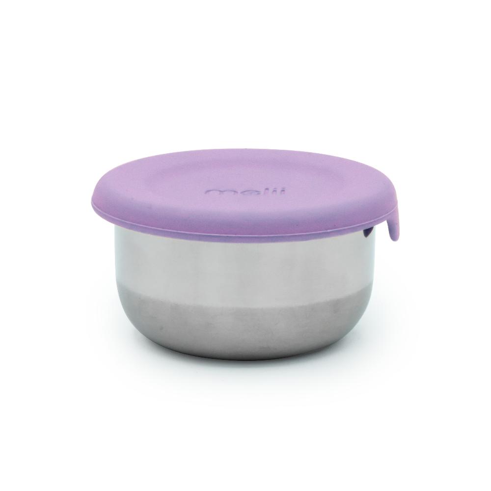 Stainless steel container with a purple lid on a white background