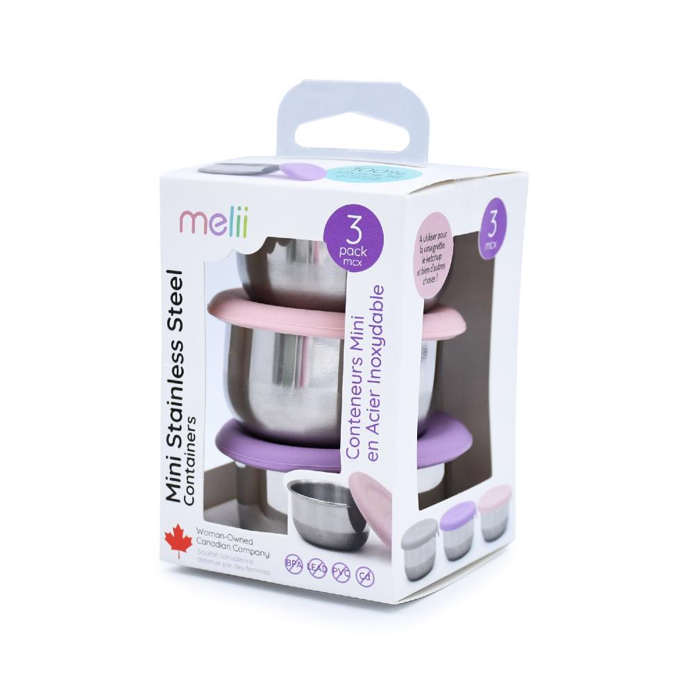 Packaging of Melii mini stainless steel containers with pink lids, featuring the brand 'melii'.