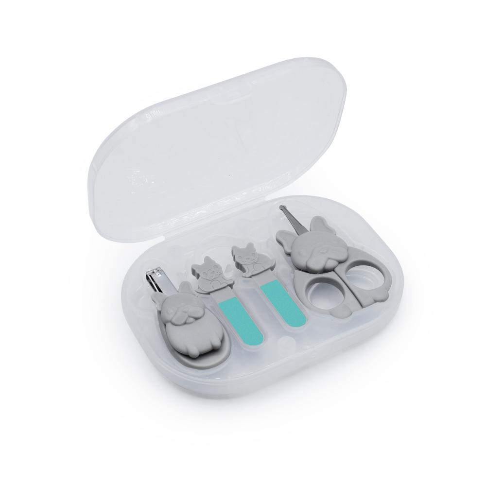 Set of baby nail clippers and scissors in a clear case on a white background