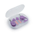 Purple baby nail care set with nail clipper and other items in an open case on a white background