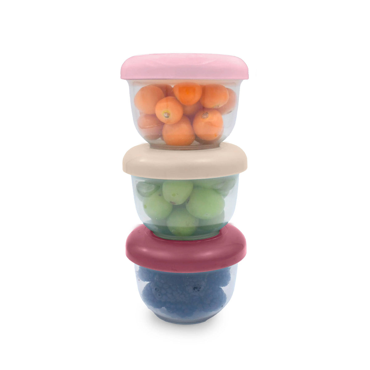 Nesting Food Storage Containers 3pk - Berry/Blush/Ivory with fruit in each container.