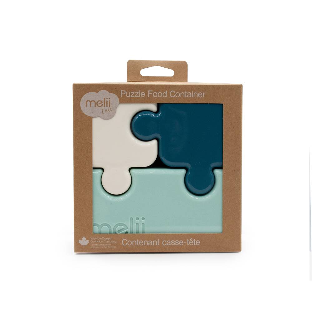 Puzzle food container packaging with 'mellii' branding on a white background