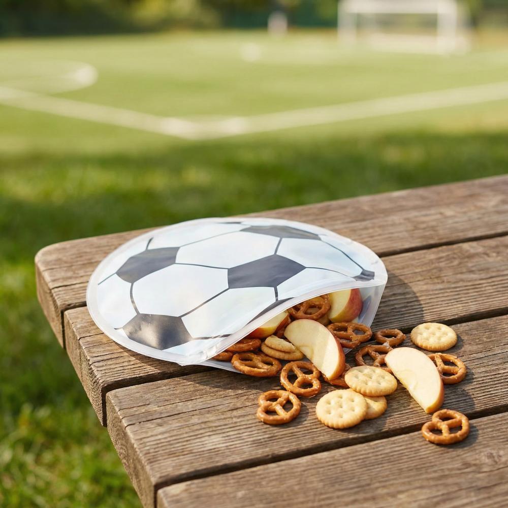 Soccer-themed snack bag with cookies and apples on a wooden table outdoors.