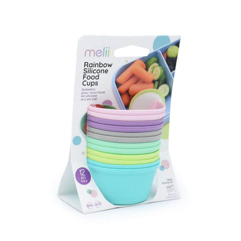 Packaging of rainbow silicone food cups with a white background