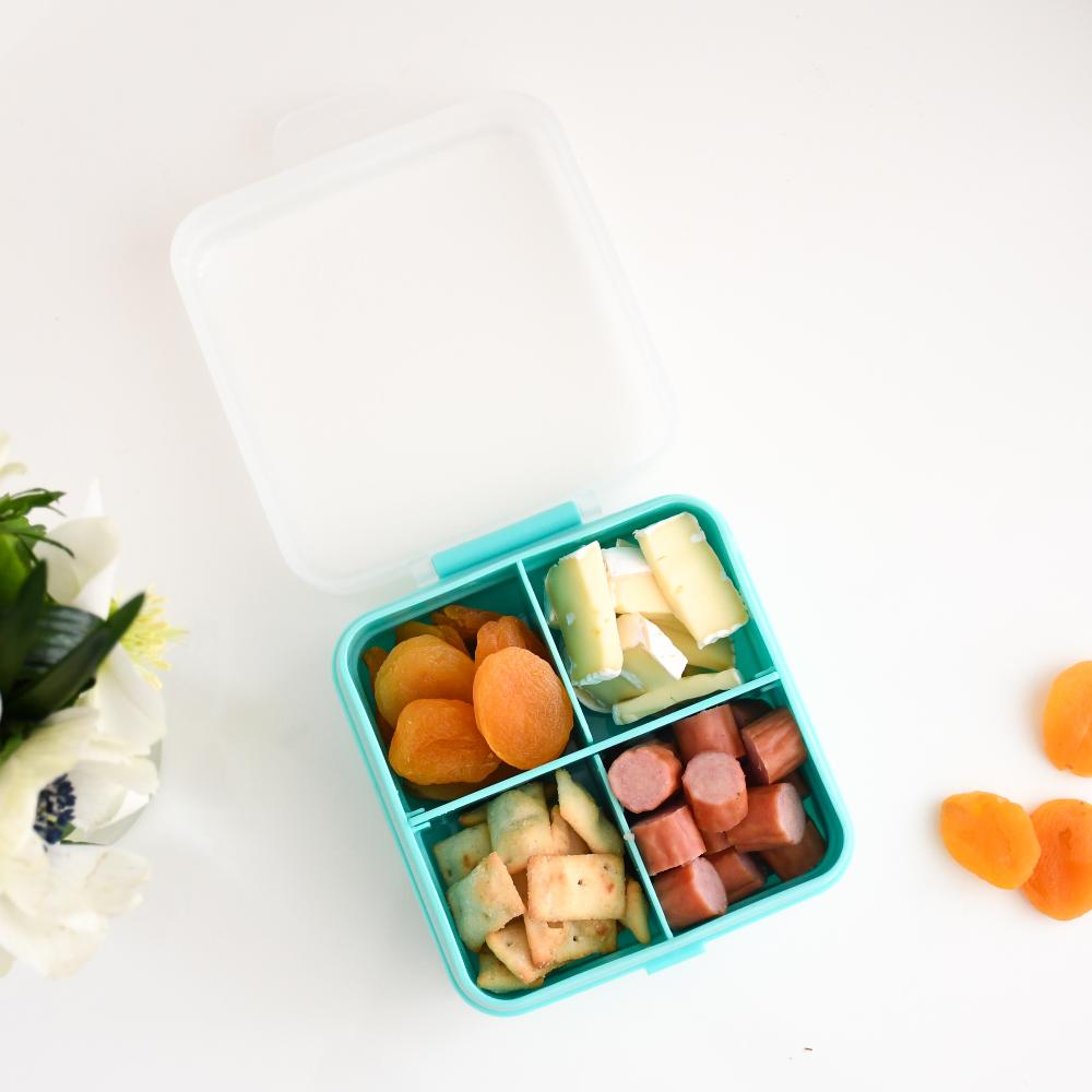 Children's lunchbox with compartments filled with fruits and vegetables on a white background