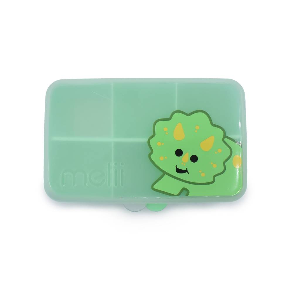 Green mni snack box with a dinosaur design on a white background
