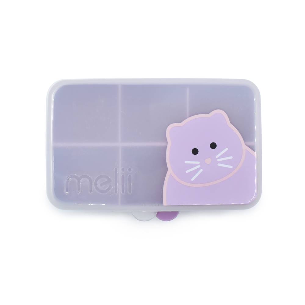 Purple Melii mini snackle snack box with a cat design on a white background