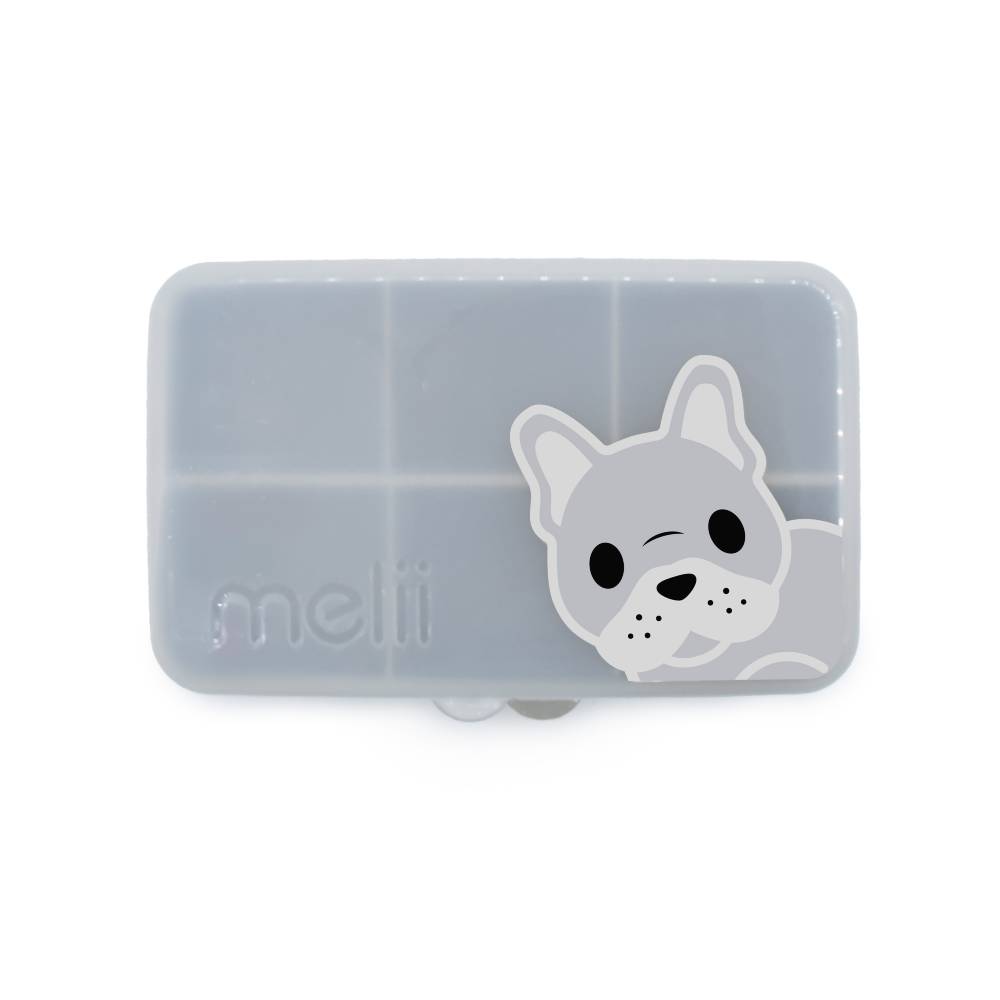 Gray snackbox with a dog illustration on a white background