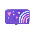 Purple snack box with rainbow and heart designs on a white background