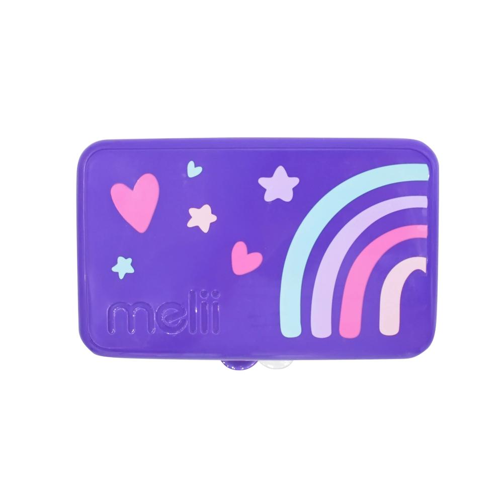 Purple snack box with rainbow and heart designs on a white background
