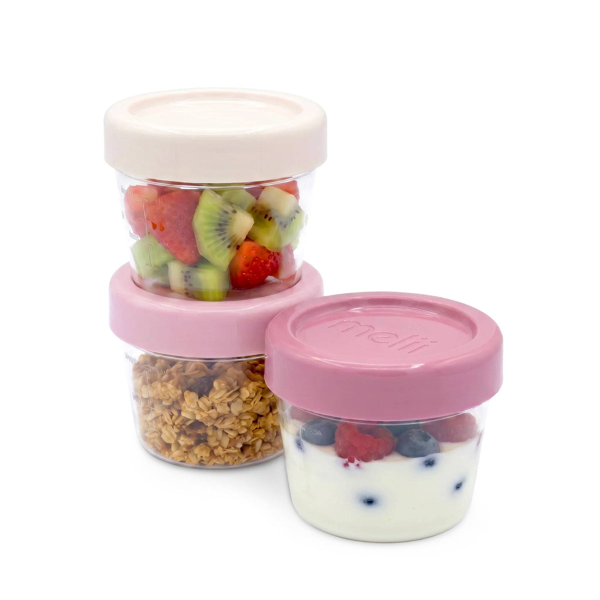 Snack Container 3pk - Berry/Blush/Ivory with snacks inside on a white background. 