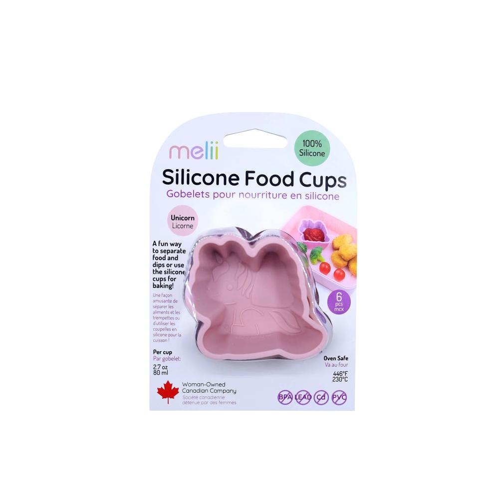 Packaging of silicone food cups with unicorn design on a white background