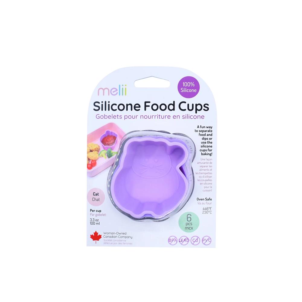 Packaging of silicone food cups with a purple cup on a white background